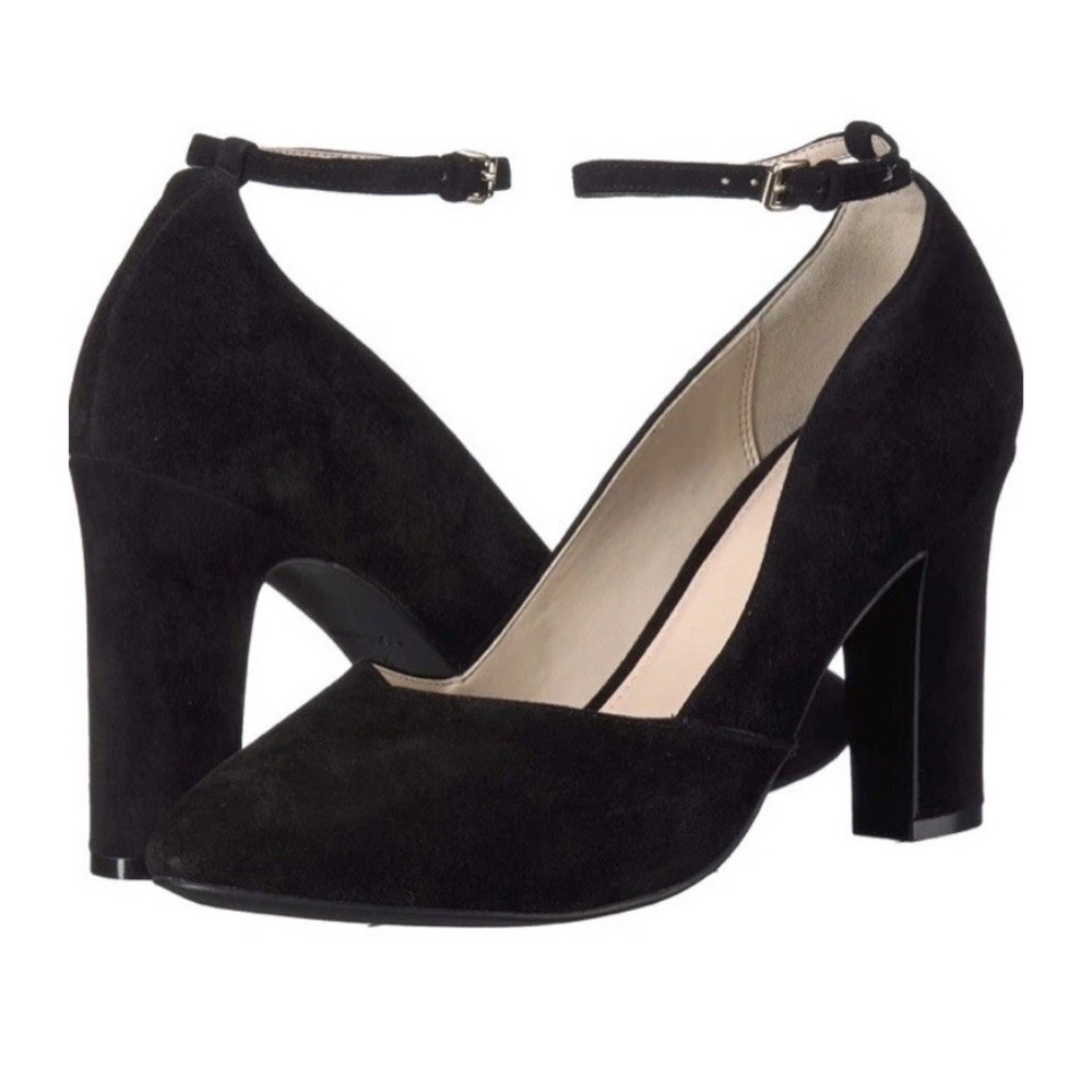 Cole Haan Kaelyn Pump 8.5 B Black Suede Ankle Strap‎ 3.5" Block Heels Grand OS